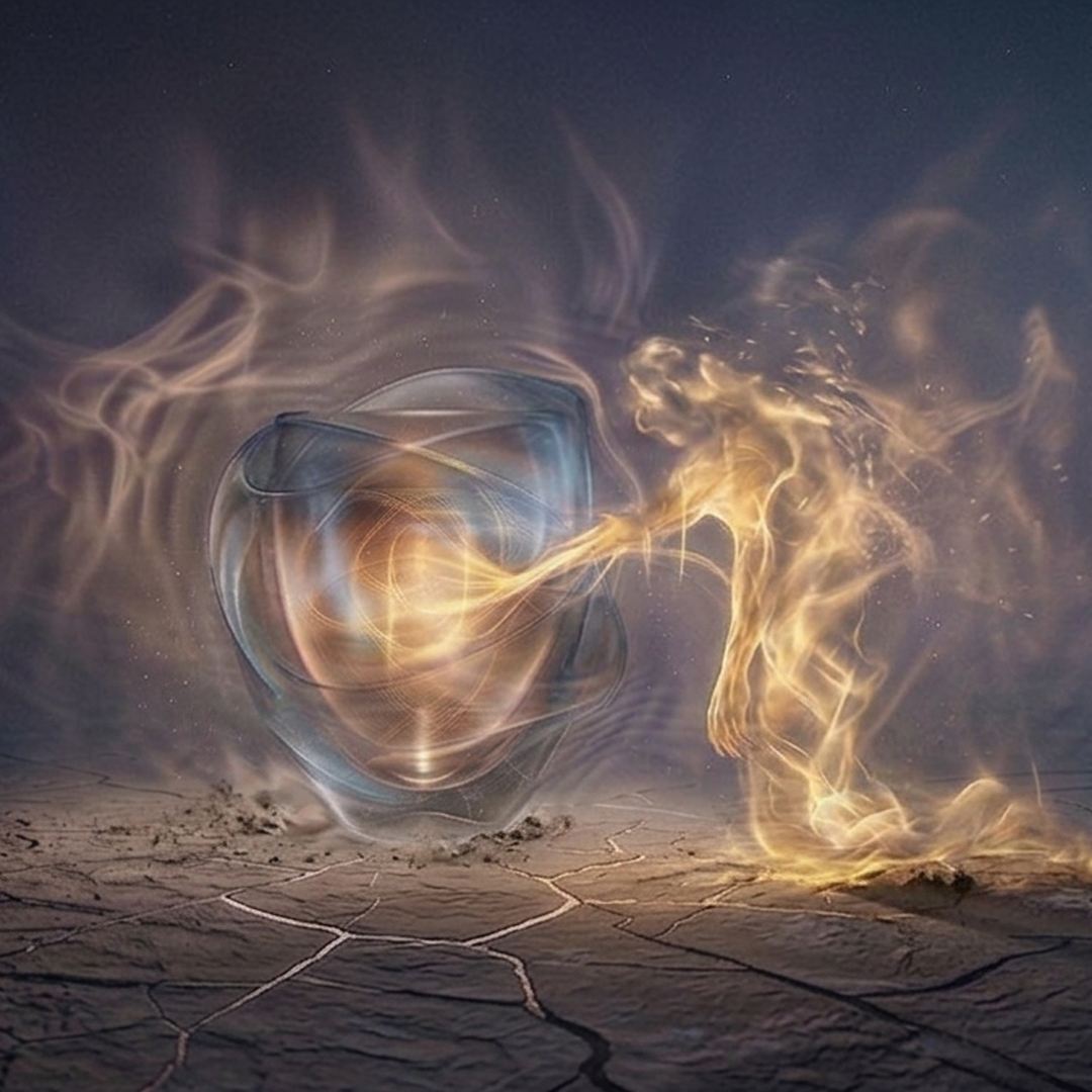 A human figure, drawn in firey plasma, exchanging energy with a portal.